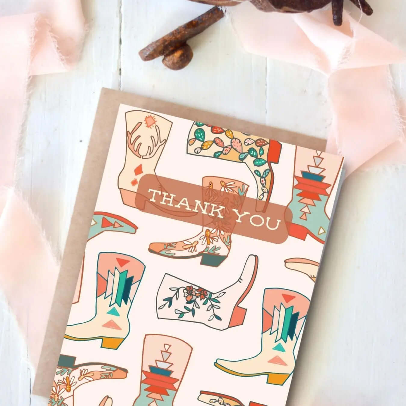 Cowgirl & Cowboy Western Greeting Cards Blank featuring colorful boot designs and a 'THANK YOU' message.