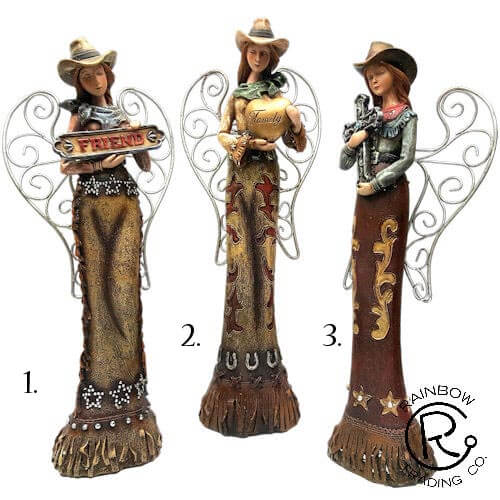 This heartwarming set of 3 cowgirl angels makes a touching gift for the country girl or western lady in your life. The angel holding the "friend" sign celebrates true friendship, while the one with the cross provides spiritual comfort and hope. The angel holding the "family" heart inspires love for precious family bonds.