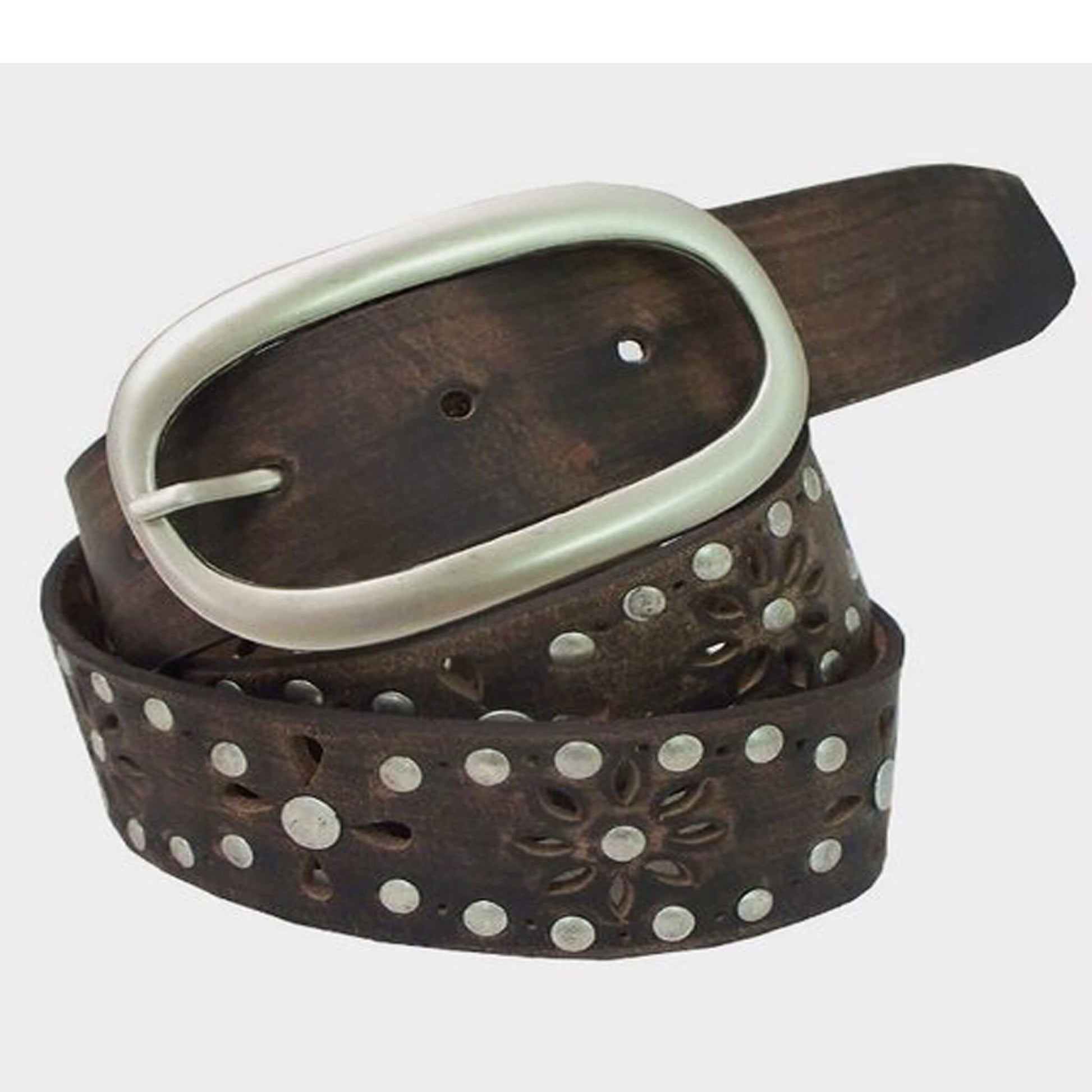 Floral Leather Belt has a genuine leather construction for an attractive look. The floral cutouts and nail-head floral design extends down the full length strap of this women's leather belt for style. This Cowgirls Rock leather belt measures 1-1/2 in. wide. Get this floral leather belt to stand out at your next event! Removable Buckle. Imported.