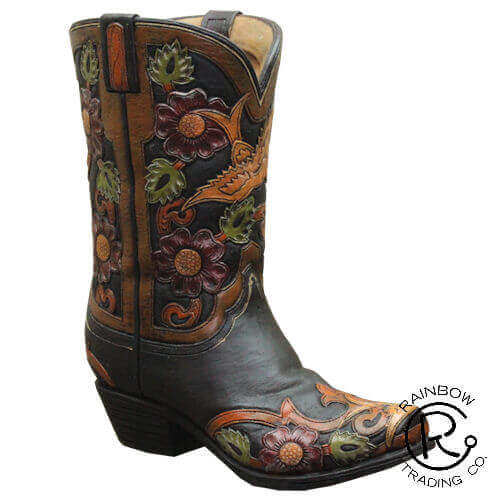 Introducing our exquisite cowgirl boot flower vase, a stunning decorative piece that combines rustic charm with artistic flair. Measuring 9.25 inches in height and 7.5 inches in width, this unique vase features intricate floral designs that beautifully adorn the classic cowboy boot silhouette, making it a perfect addition to any home or office décor. Ideal for showcasing fresh flowers or as a standalone statement piece, this vase captures the spirit of the West while adding a touch of elegance to your space