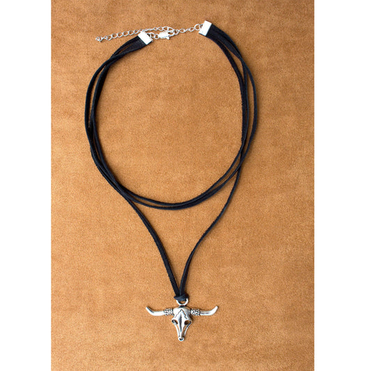 Add the perfect western flare to your look with this leather & skull cowgirl necklace. Three layers of black deer suede lace feature a silver skull pendant. Measures 16” long with 3” extender. Handcrafted in the USA.