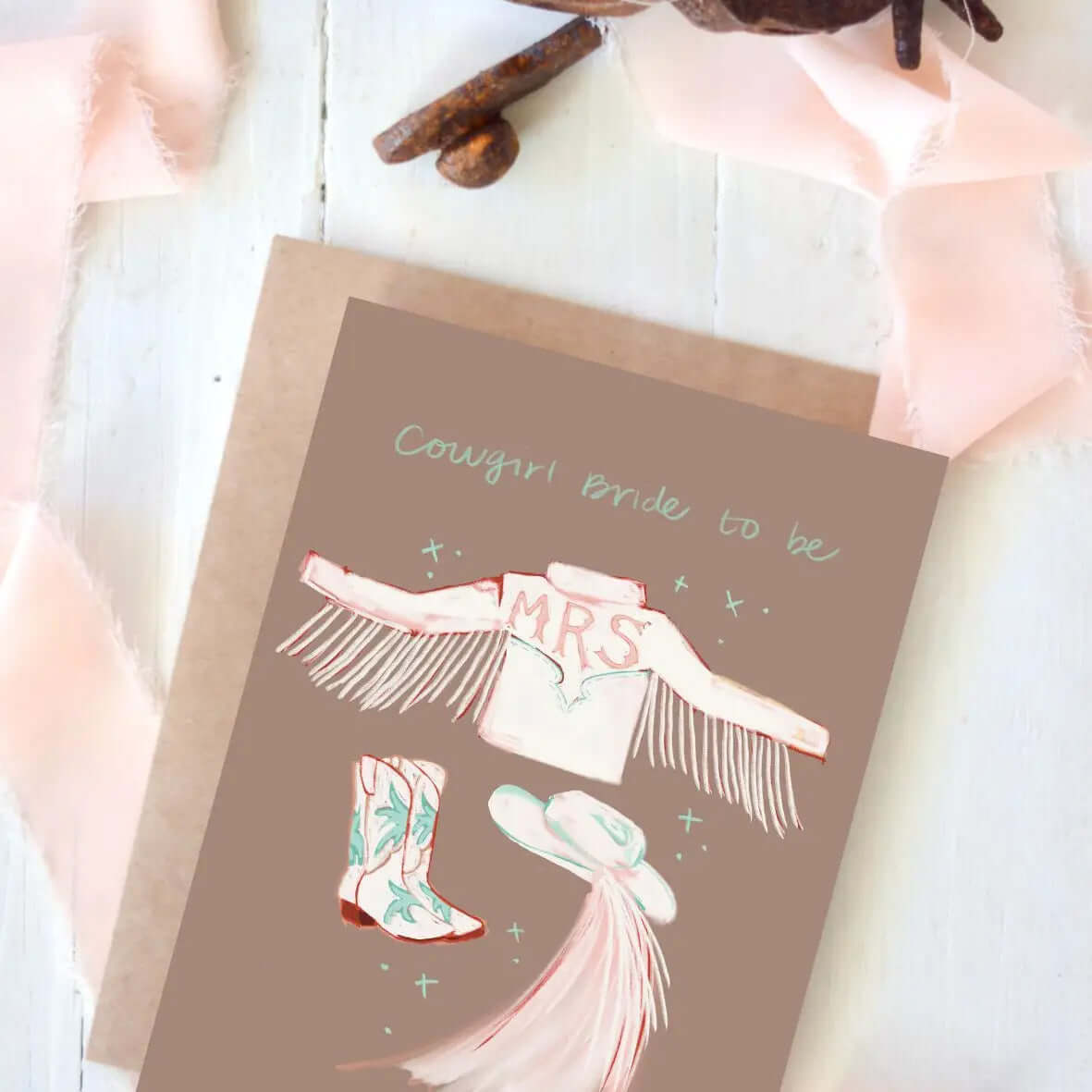 Cowgirl & Cowboy Western Greeting Cards Blank featuring a bridal themed design with boots and cowboy attire.