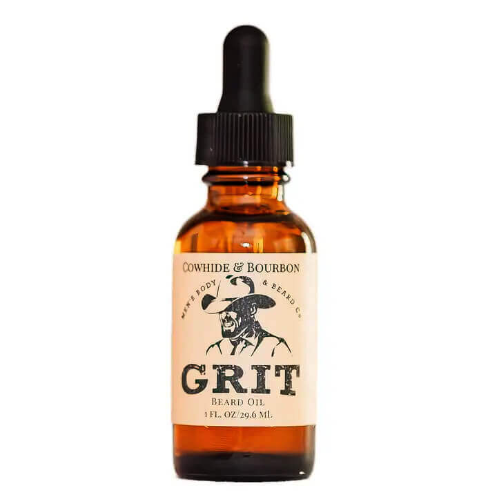 Bottle of Cowhide & Bourbon Grit Beard Oil on a white background