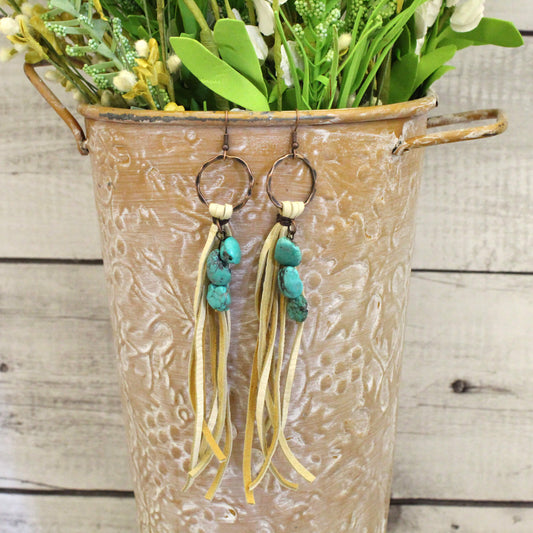 Cream Leather Fringe Earrings with Turquoise Chunks