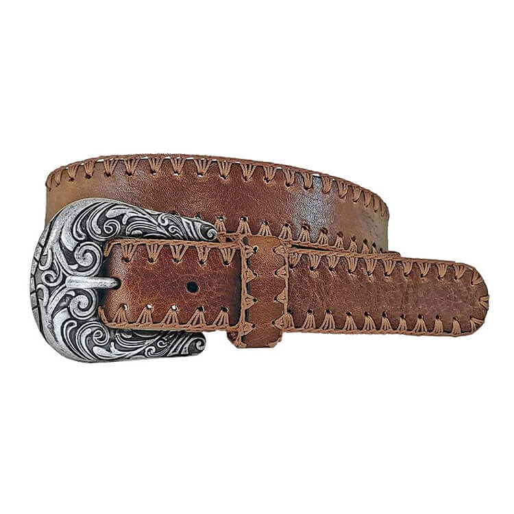 Brown leather belt with silver buckle on a white background