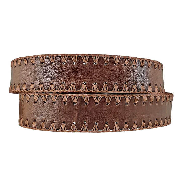 Brown leather belt with decorative stitching on a white background