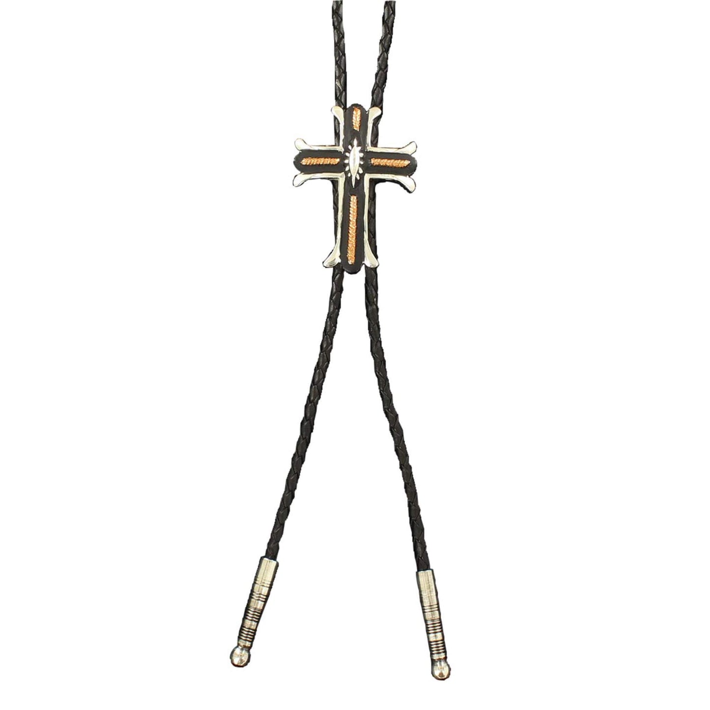 This western style bolo tie features a silver trimmed black cross with copper colored textured center accents. 36" long black leather cord and silver tips complete this great bolo tie. 