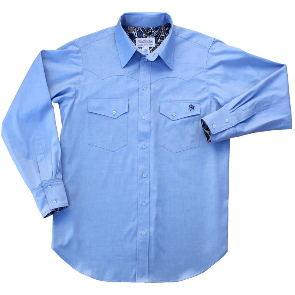 For working on the ranch or a trip to town, this classic style is what you want in a western shirt. Made of light blue 100% cotton oxford. This button-down western shirt features a traditional front and back yoke and two front flap pockets. Made in USA.