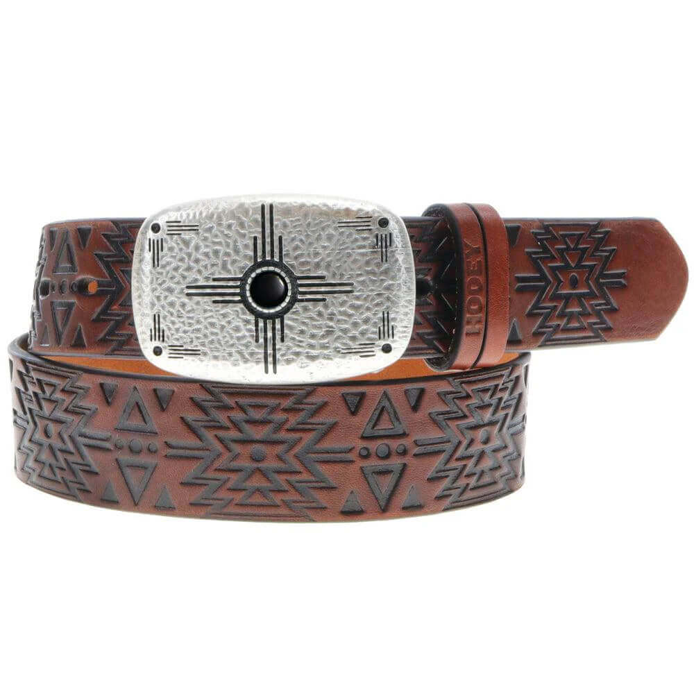 Brown leather belt with geometric pattern and silver buckle on a white background