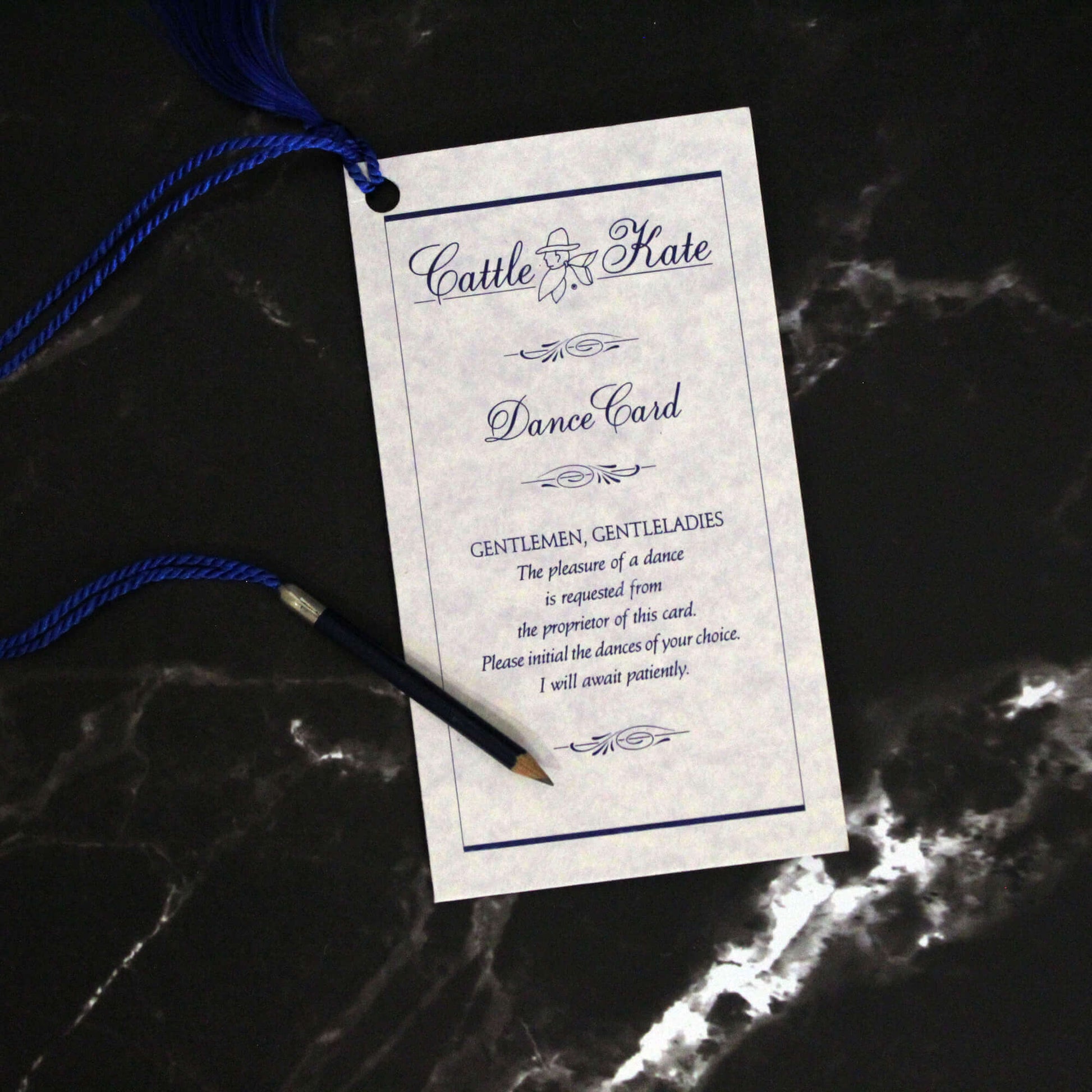 No doubt your great-grandmother graciously the attentions of a host of suitors at dances with the help of a dance card. No reason why you cannot do the same at your next social gathering. Complete with tiny pencil on blue cord. Sold by the dozen. Made in USA.