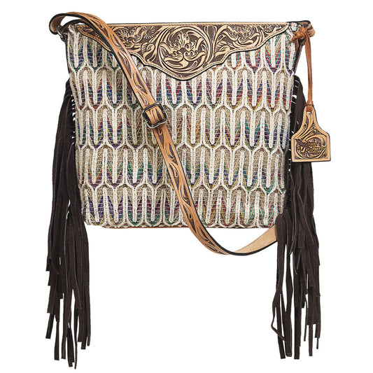 Handbag with intricate leatherwork and fringes on a white background