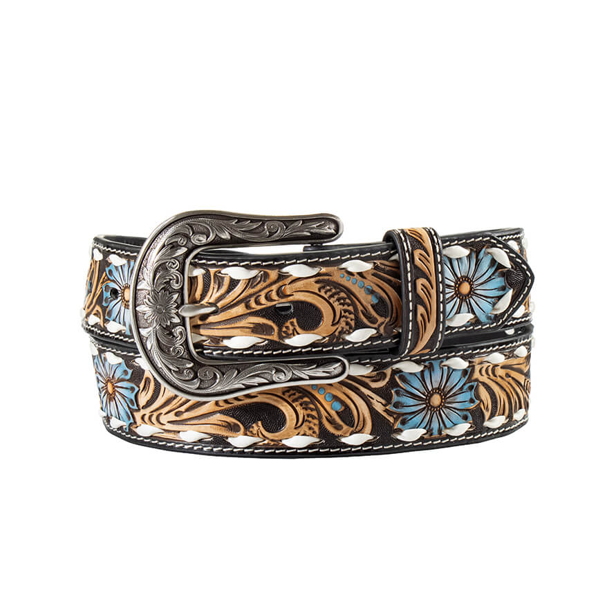 A western-style leather belt with a tooled floral pattern in brown, gold, and blue, featuring a silver engraved buckle.