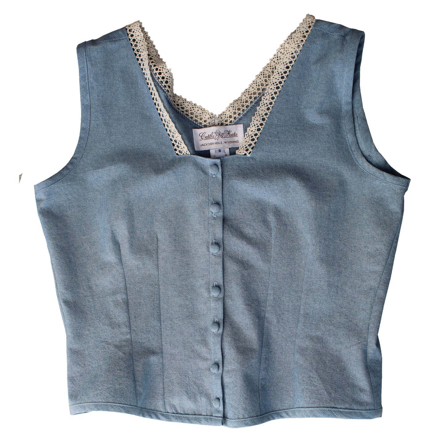 For the complete look, choose our Denim Corset Cover Camisole. Made of cotton/rayon-blended fabric and trimmed in our same cotton lace as out Low Step'n Swisher Skirt, this top is slightly fitted for a fun, flattering style. includes eight covered buttons. Made in USA