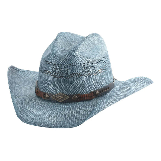 Blue straw cowboy hat with a band on a white background