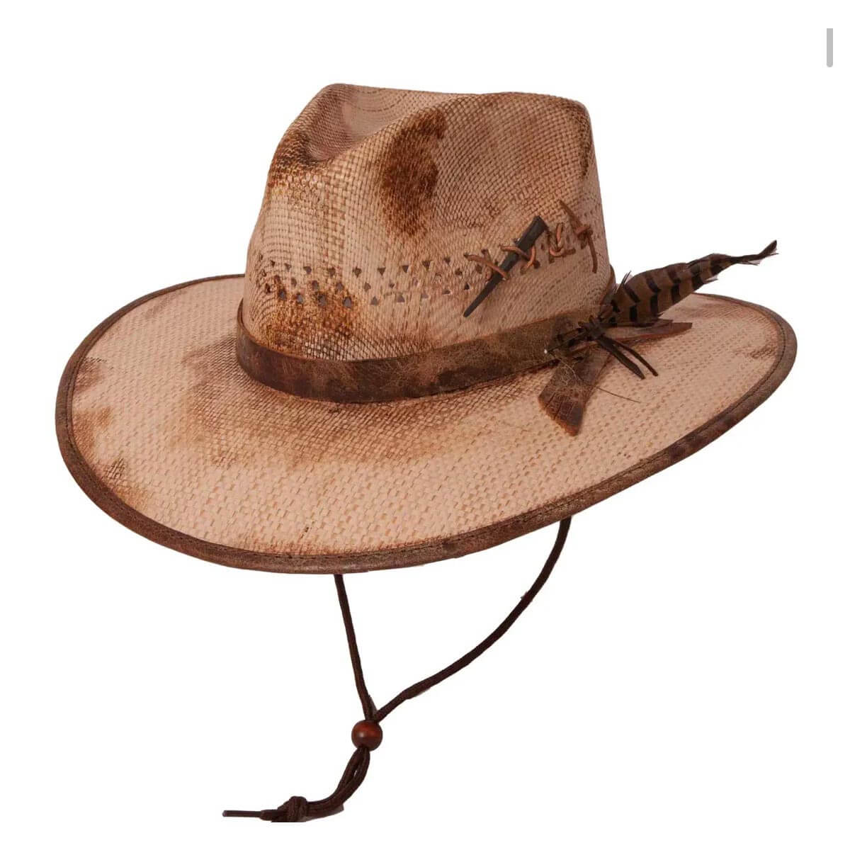 This hat is individually distressed by hand creating a unique and unforgettable look. Next, they are finished with a pheasant feather and vintage square flooring nail. Finally, tied with leather lace, a matching band and brim trim to create this iconic wide brim fedora aesthetic. Straw fedora hat with comfort fit elastic sweat-liner and pheasant tail feather band. Brim 3 ½ " Crown 4"