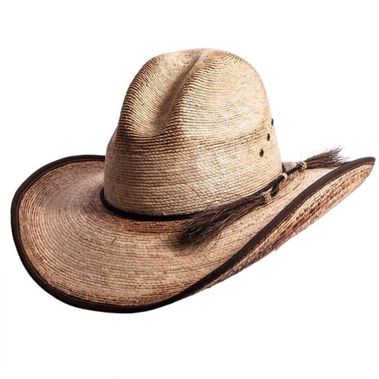 The Diego straw palm leaf cowboy hat features a wide curled brim with angled crown, and a synthetic horse hair hat band. Perfect for days on the range or a walk in the meadow * Brim 4" Crown 5 1/2". Made in Mexico