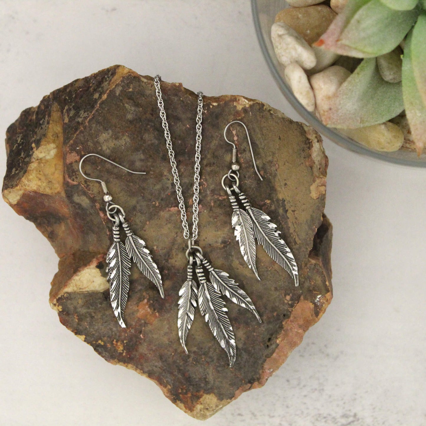 Double Feather Pewter Earrings