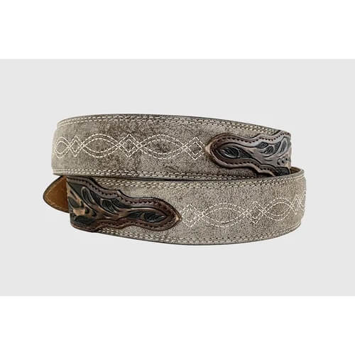 A western-style leather belt with a distressed taupe-brown finish, featuring white embroidered geometric patterns and dark brown tooled conchos.