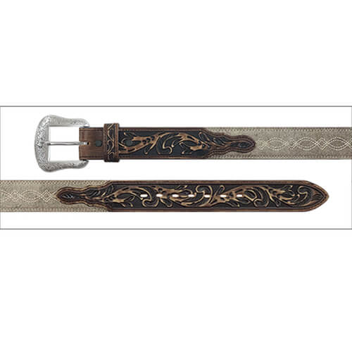 A western-style leather belt shown horizontally, featuring dark brown tooled floral detailing, a silver-tone buckle, and a light beige patterned strap.
