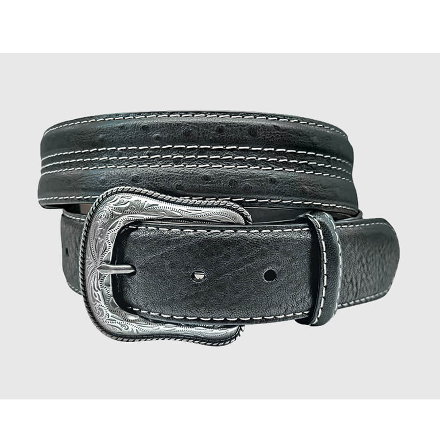 Black leather belt with silver buckle on a light gray background