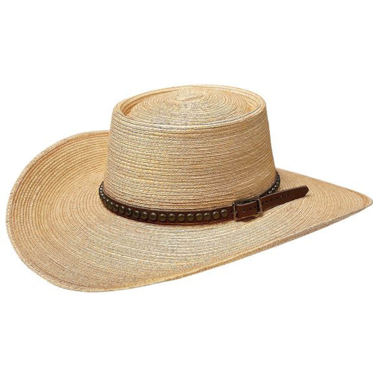 Natural oak-colored Guatemalan palm, 4" brim, Elko creased hat & Old West style handmade leather hatband with studs.