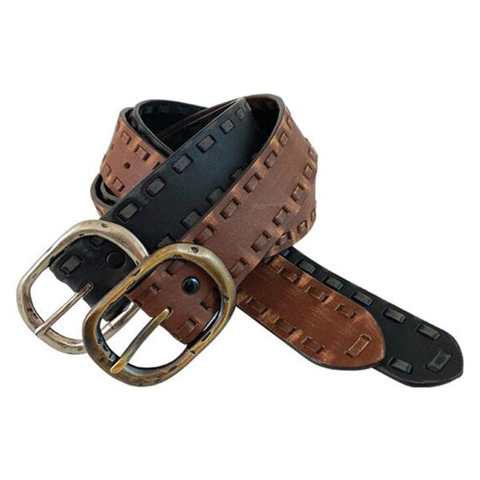 Hand sanded distressed Genuine Leather belt with hand stitched leather lacing, and oval bar buckle with black wipe effect. 1-1/2" wide with removable buckle. Brown has brass buckle and black has a silver buckle.