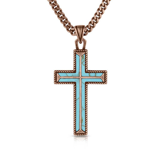 Faith is forever with the Eternal Life Cross Necklace. A copper tone rope border encloses the turquoise in the shape of a cross. This gives the piece contrast, creating a breathtaking look. The cross pendant hangs from a 25 inch split chain. Stone color may vary. Copper plated over brass. Protective coating. Paint. Crafted turquoise. Copper over brass chain. Pendant measures about 2" x 1" on a 25" chain.