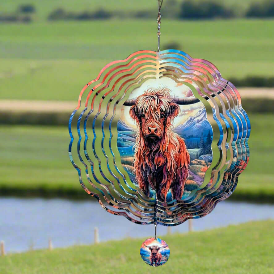 Great Gift! This Highland Cow image on metal wind spinner will bring everyone joy with it's cuteness.&nbsp;Sturdy, built to withstand all weather, these 10" metal wind spinners will provide enjoyment year after year. They include a swivel hanging hook. You'll enjoy the vivid colors while they are swirling in the breeze. Handcrafted in the USA.