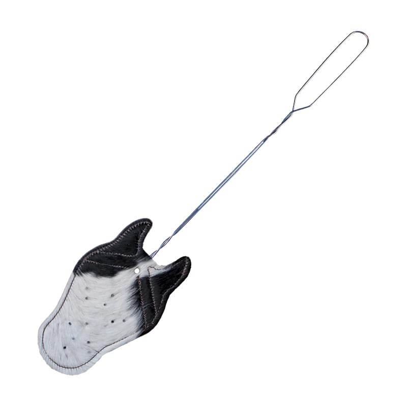 A unique twist on the household fly swatter, this hair-on hide is cut into a horse head shape to fight those pesky insects. Comes on a sturdy metal wire handle.  The Hair-on hide will vary in color . Makes a great gift! Made in Idaho.