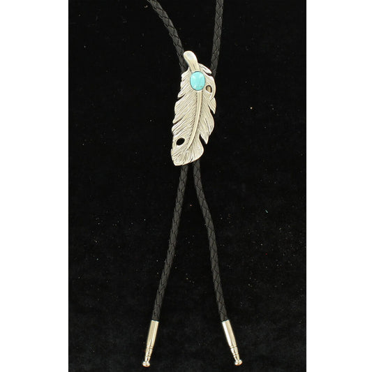 Stylish black bolo tie with a silver colored feather with a turquoise stone. This bolo tie will certainly get you noticed.