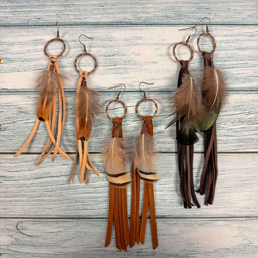 Feather and Leather Tassel Western Earrings showcasing various colors and textures with copper hooks.