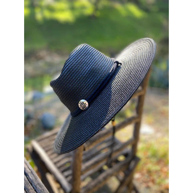 Outback Hat with Stampede String by Original Cowgirl. This ladies' outback style straw hat is made with high quality toyo straw braid. Featuring a 4" brim and a matching stampede string with a metal Concho sun emblem. Care Instructions: Blot with a cool damp cloth. Do Not machine wash, use chlorine bleach or dry clean.