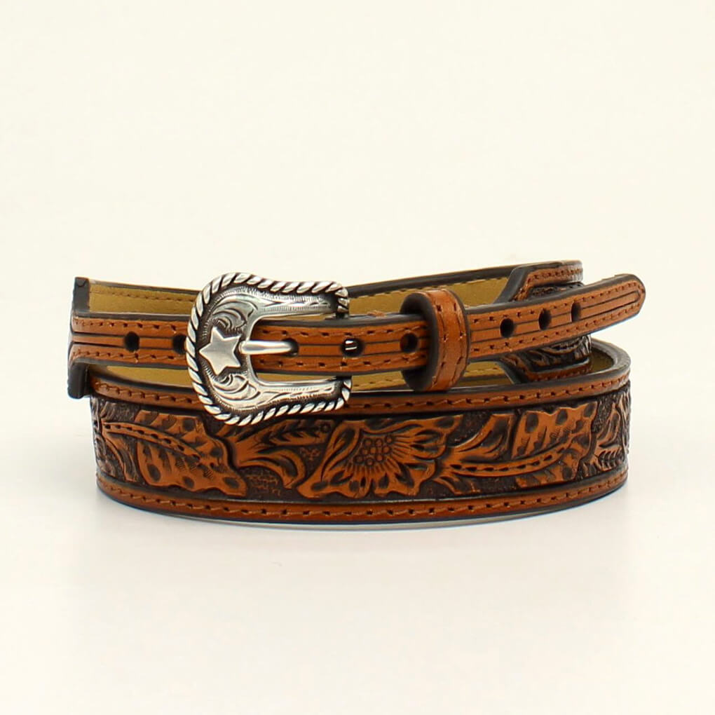 Brown leather hatband with intricate designs and a silver buckle on a white background