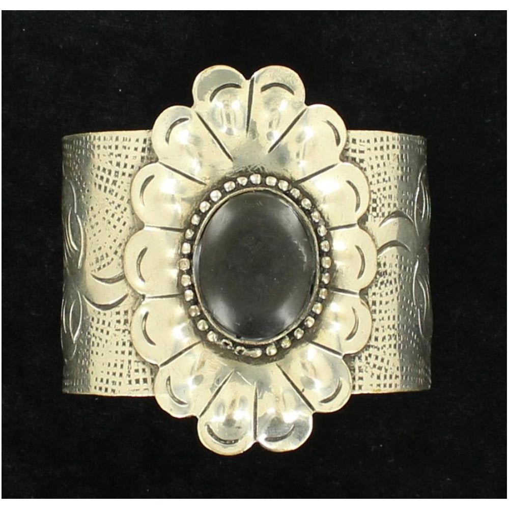 This western cuff bracelet is very fashionable. &nbsp;There is a large flower with a black stone in the center.