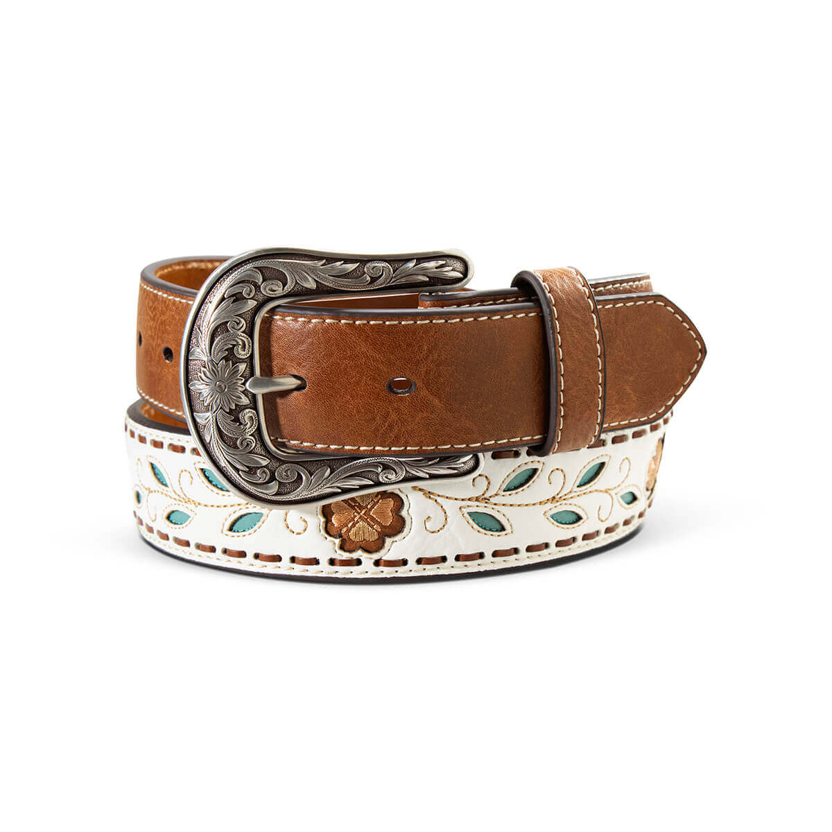 Flower & Leaf Underlay White Ladies Western Belt featuring a decorative buckle and intricate floral design.