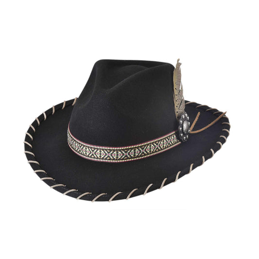 This hat features shapeable premium wool material, a 2 3/4" bound brim edge, and a pinch front crown. The hatband has a Aztec; like design, and is adorned with a studded Concho with feather.