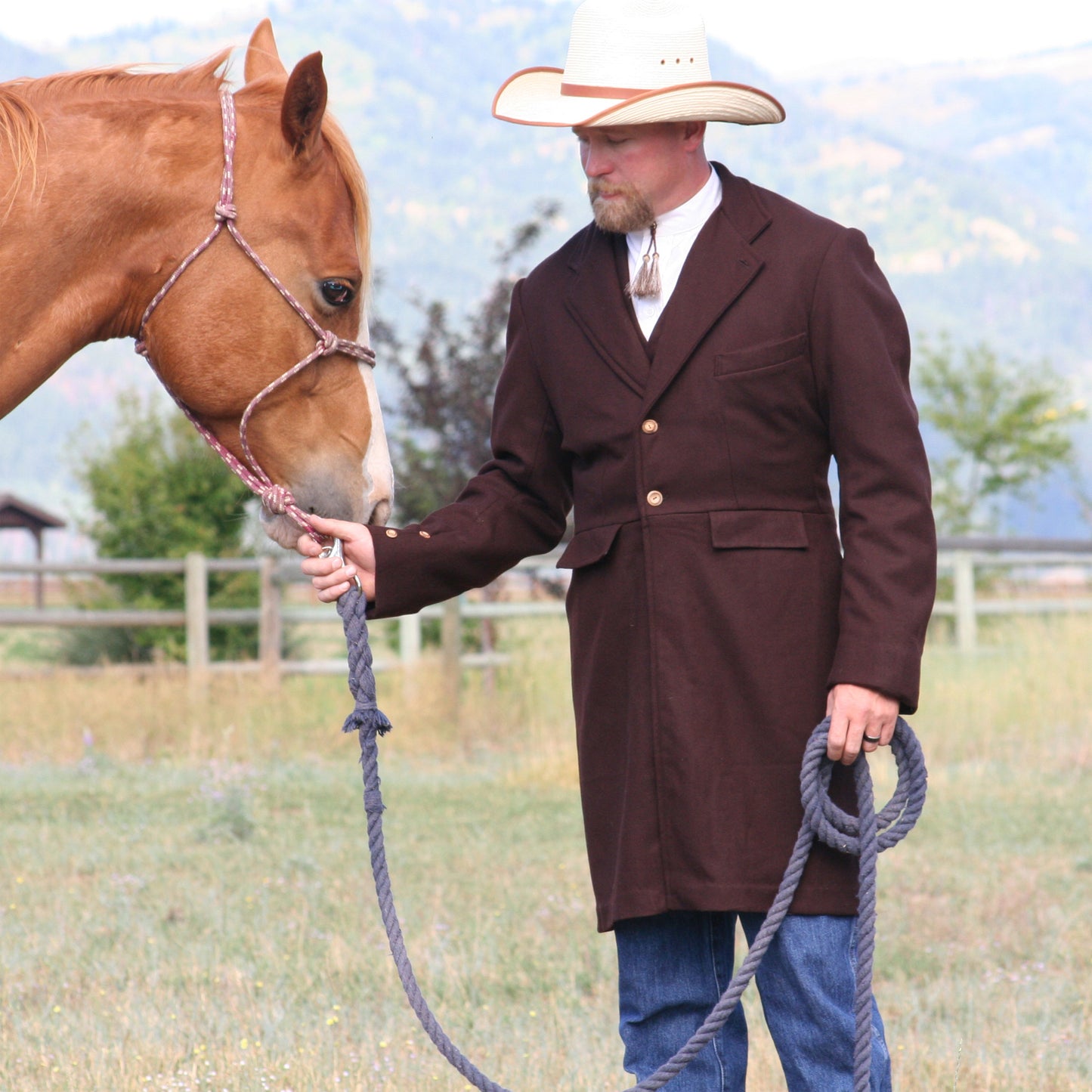 Does it get any more western or good lookin’ than our Men’s Frock Coat? We don’t think so. See for yourself! This coat is based on the classic coat from the 1800’s. Our 3/4 length Frock Coat features two front flap pockets, a chest welt pocket and an inside pocket. Lined. Made in the USA.