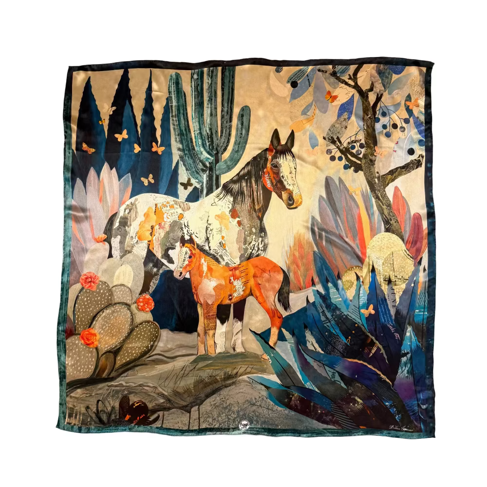 Decorative scarf with a desert scene featuring animals on a textured surface