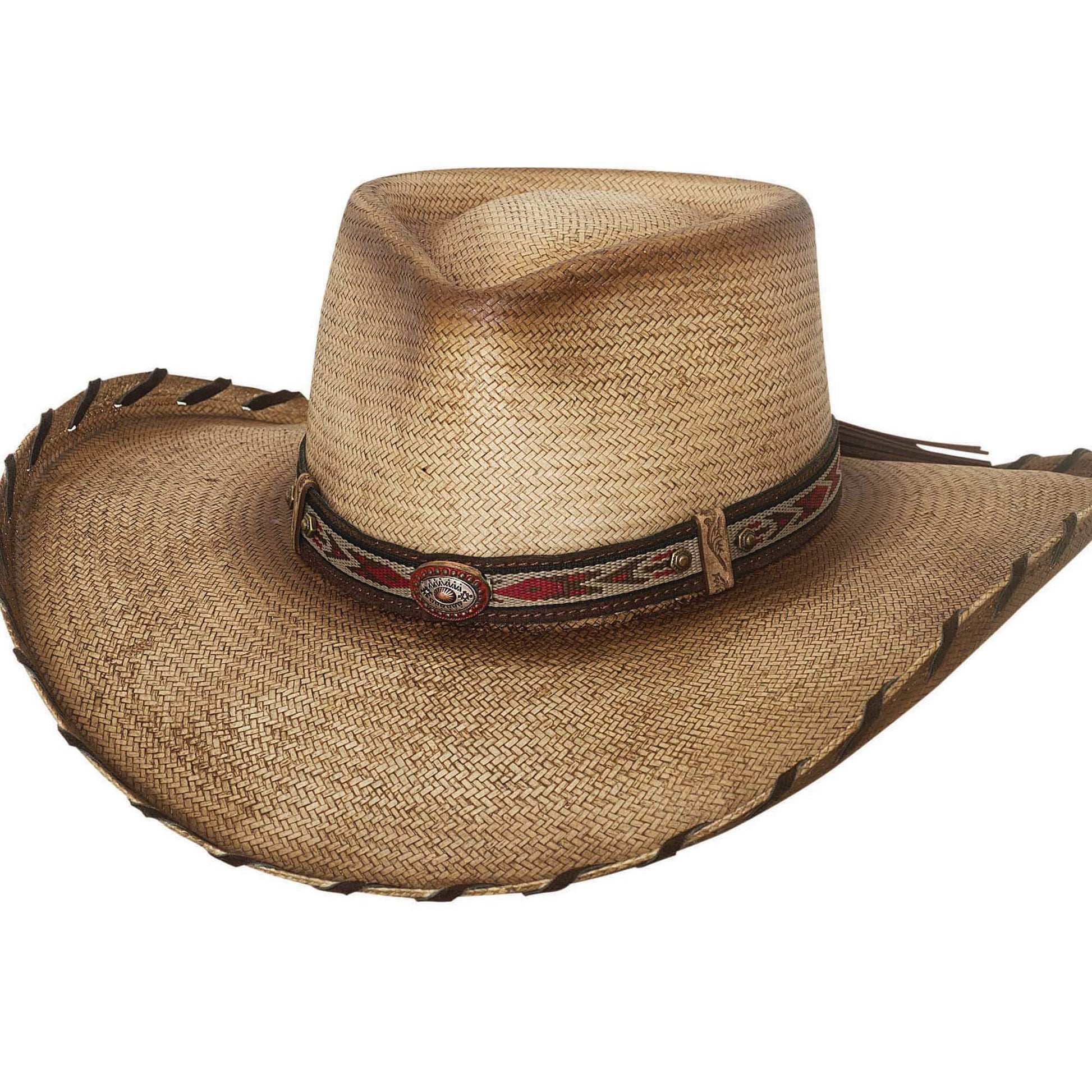 The Bullhide Good Company Straw Hat is perfect for any fun and unique hat wearer! It features a 4" brim with leather whipstitch border and a 4" pinched front crown with a woven hatband and leather tassel on the back. Has a cotton sweatband for ultimate comfort.