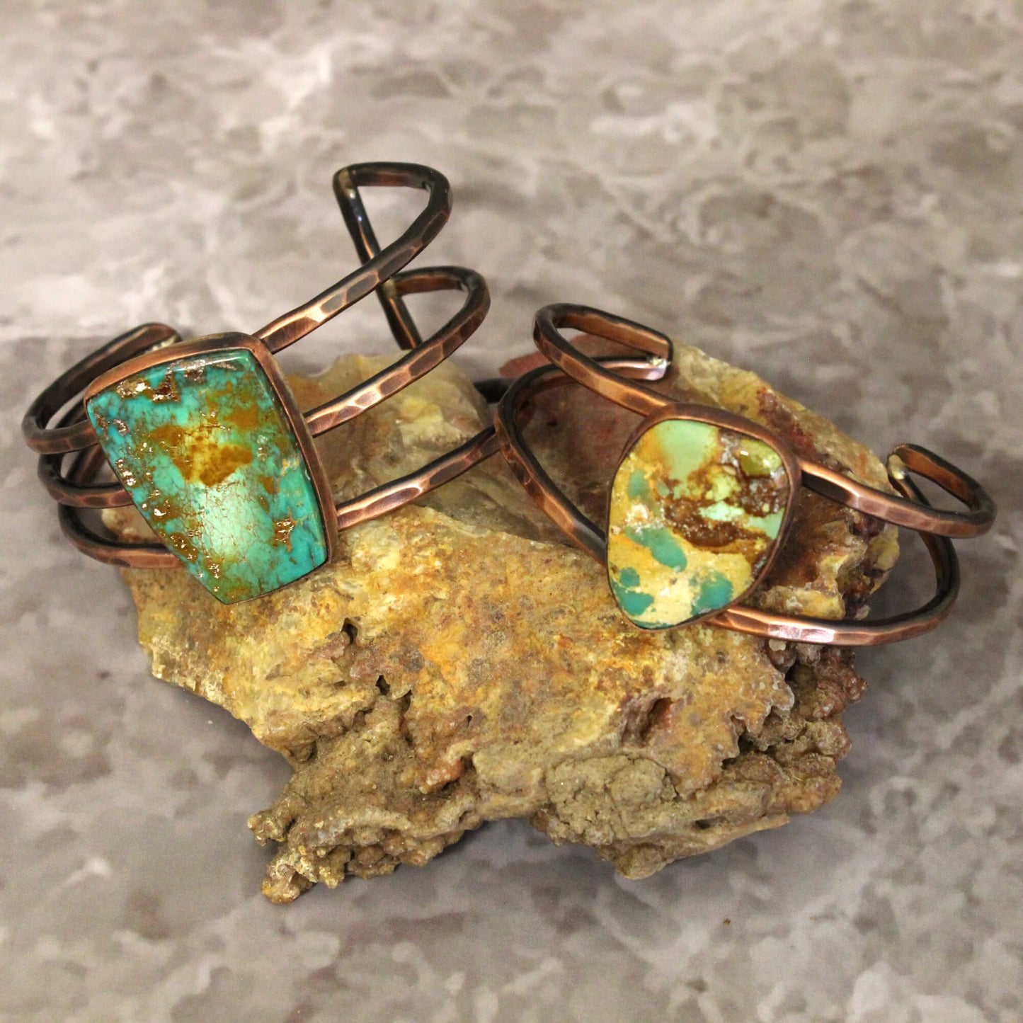 Slip on the Genuine Handcrafted Turquoise Copper Cuff Bracelet to add a touch of natural elegance to your day. Whether you're dressing up for a special occasion or simply want to add some flair to your everyday style, this bracelet is sure to become a go-to piece in your jewelry collection. Treat yourself or surprise a loved one with this truly unique, handcrafted accessory. Crafted with care by a husband and wife team in the USA