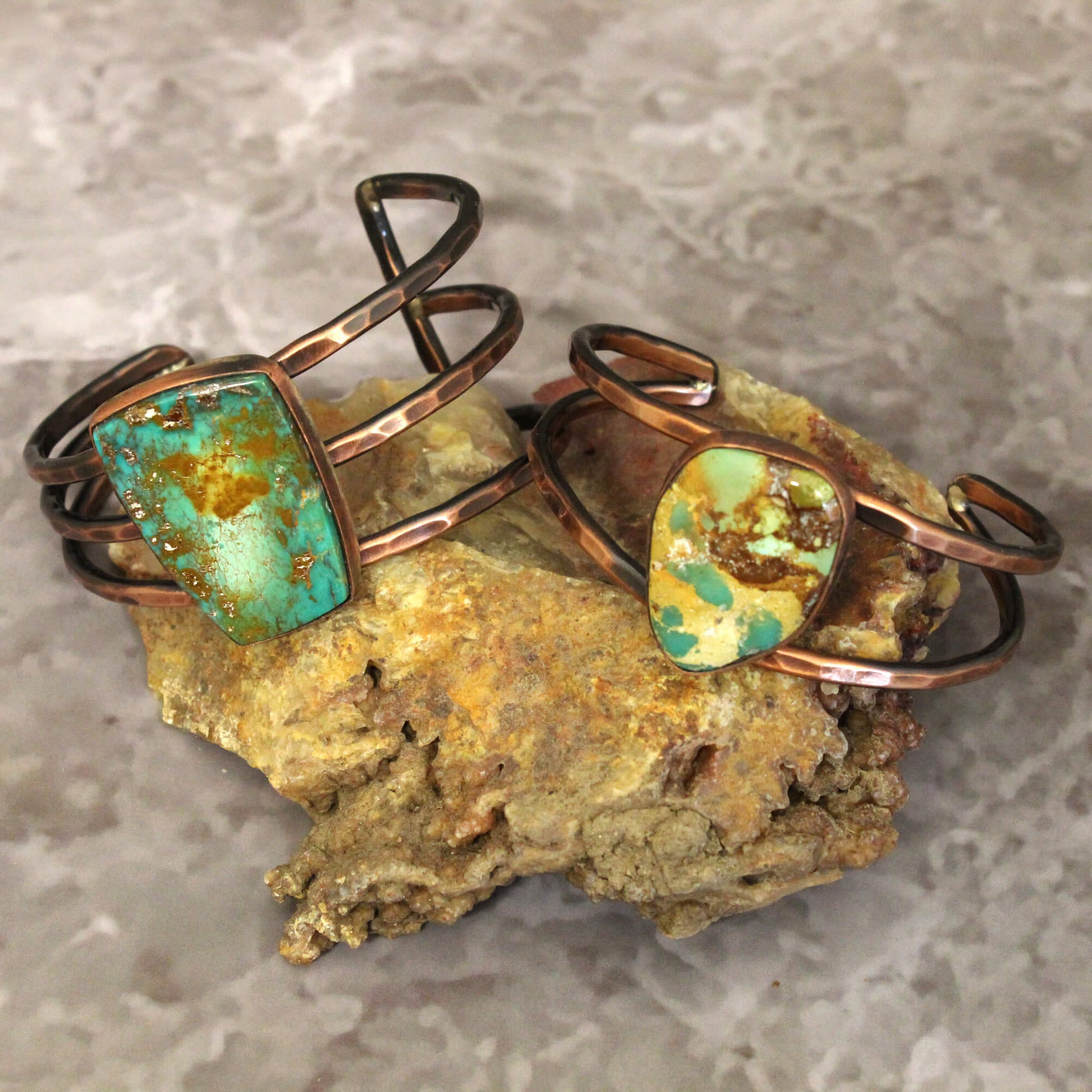 Slip on the Genuine Handcrafted Turquoise Copper Cuff Bracelet to add a touch of natural elegance to your day. Whether you're dressing up for a special occasion or simply want to add some flair to your everyday style, this bracelet is sure to become a go-to piece in your jewelry collection. Treat yourself or surprise a loved one with this truly unique, handcrafted accessory. Crafted with care by a husband and wife team in the USA