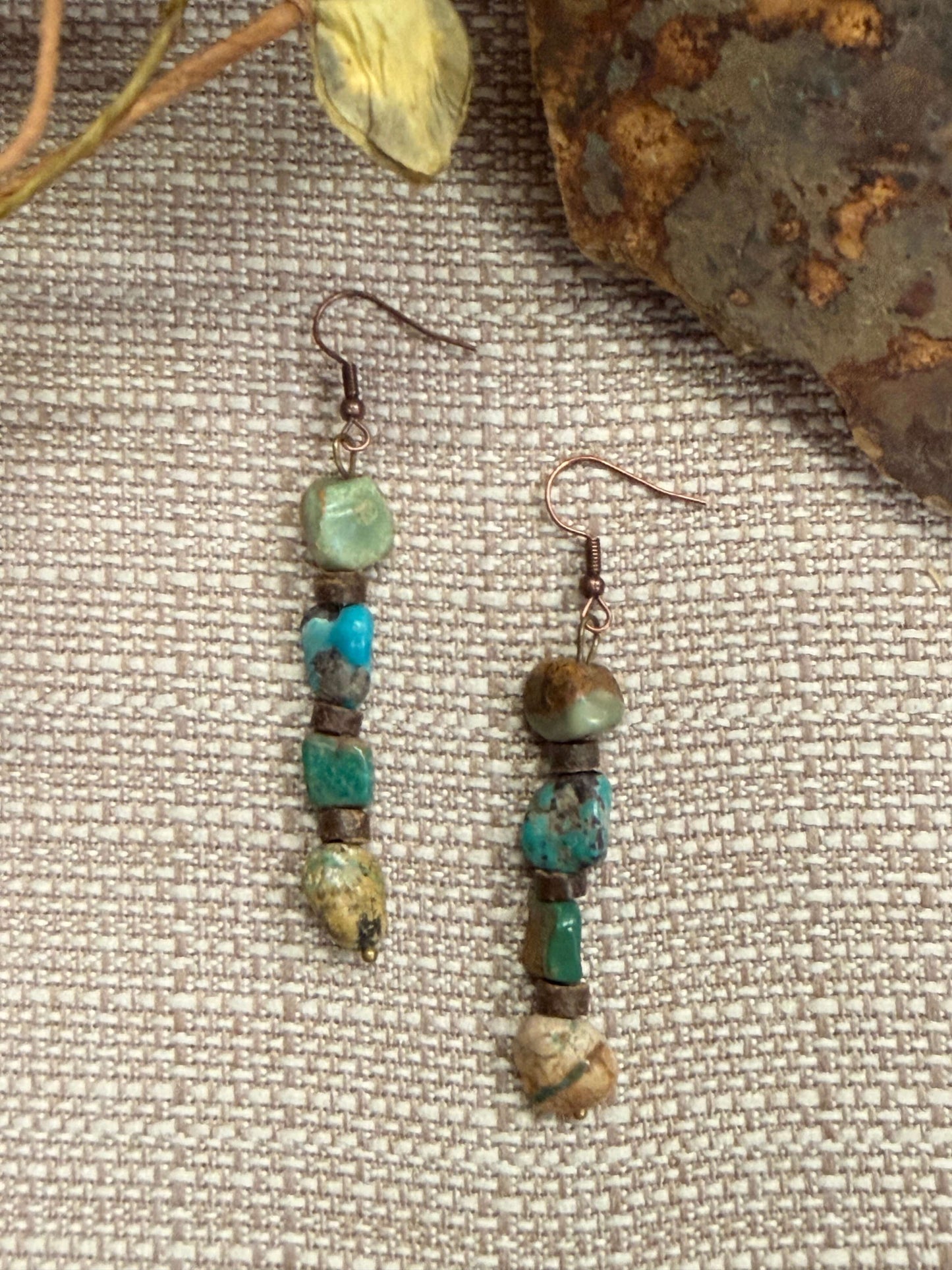 Genuine Hubei Turquoise & Wood Dangle Earrings