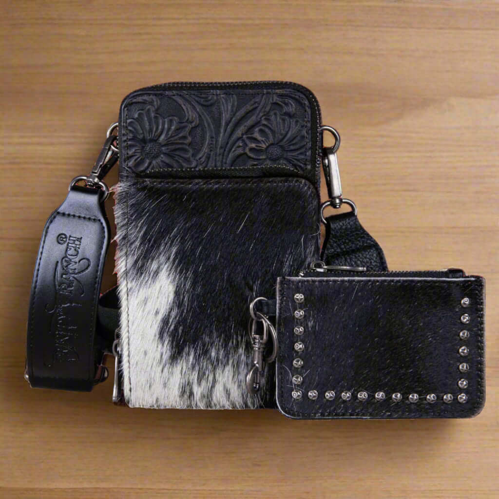 Genuine Hair-On Cowhide /Tooled Phone Purse with Coin Pouch