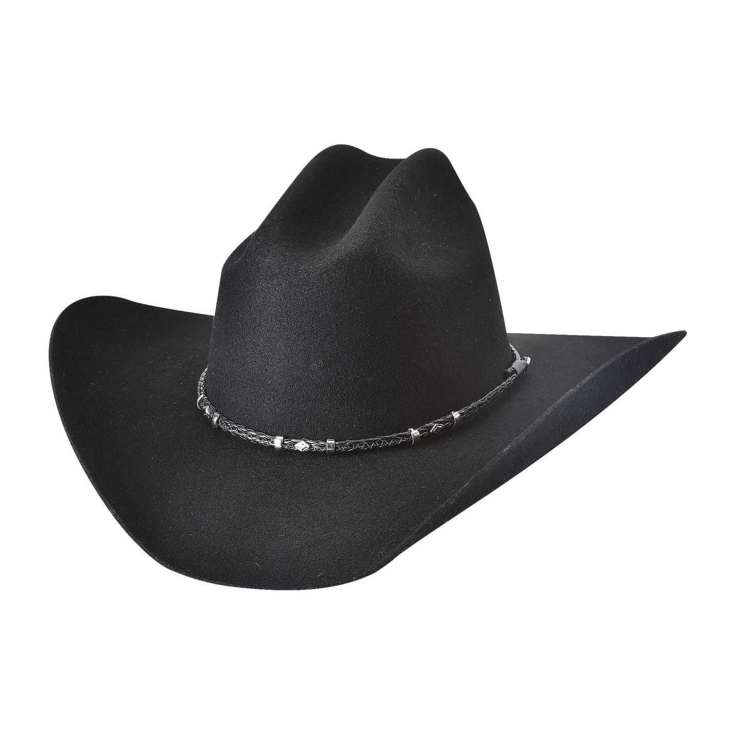 Ride into town with the Gholson by Bullhide. This cowboy hat features structured premium wool, with a 4 1/2" brim, and a cattleman crown. The hatband is braided leather like material with diamond shaped studs. 4X Premium Wool Felt