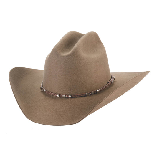 Ride into town with the Gholson by Bullhide. This cowboy hat features structured premium wool, with a 4 1/2" brim, and a cattleman crown. The hatband is braided leather like material with diamond shaped studs. 4X Premium Wool Felt