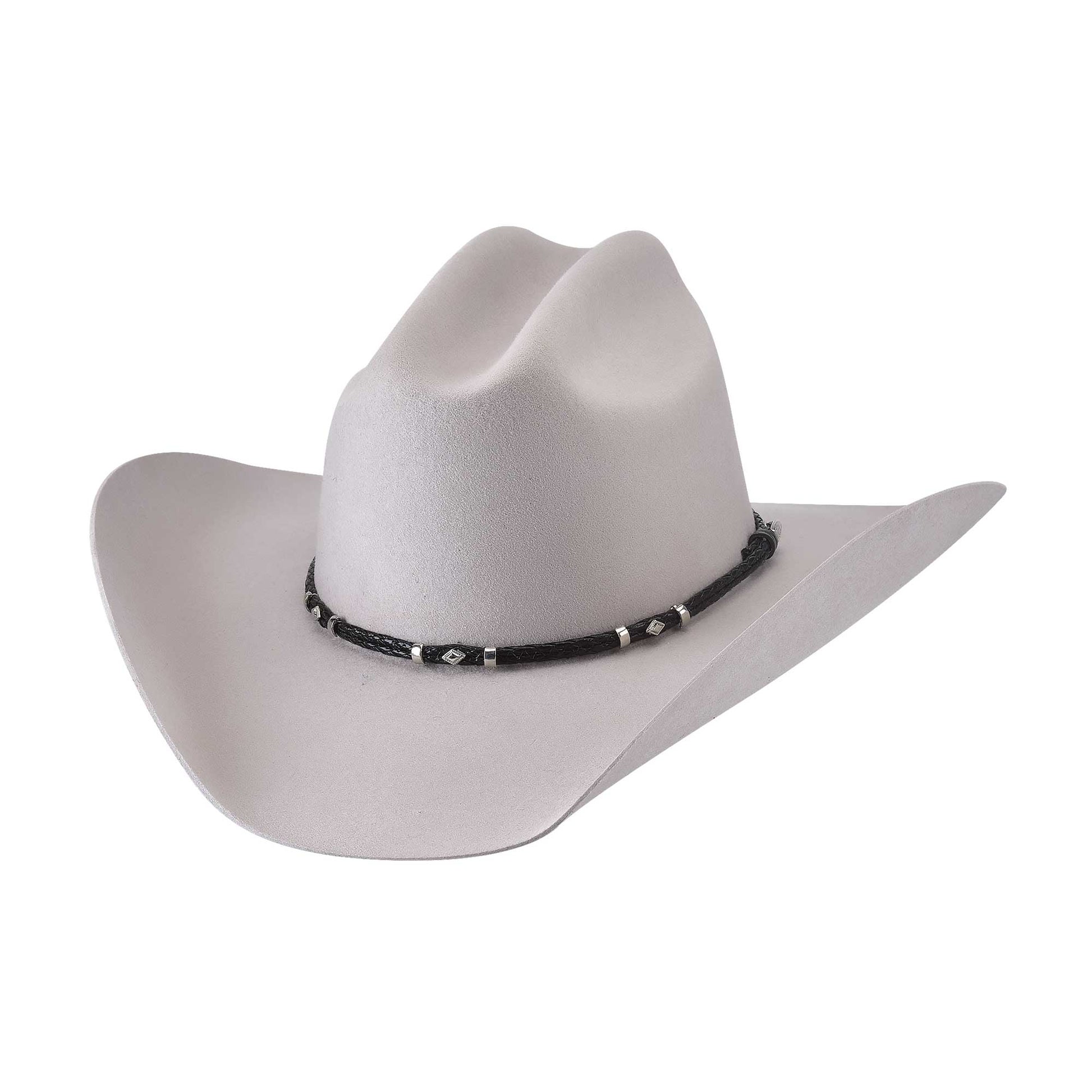 Ride into town with the Gholson by Bullhide. This cowboy hat features structured premium wool, with a 4 1/2" brim, and a cattleman crown. The hatband is braided leather like material with diamond shaped studs. 4X Premium Wool Felt