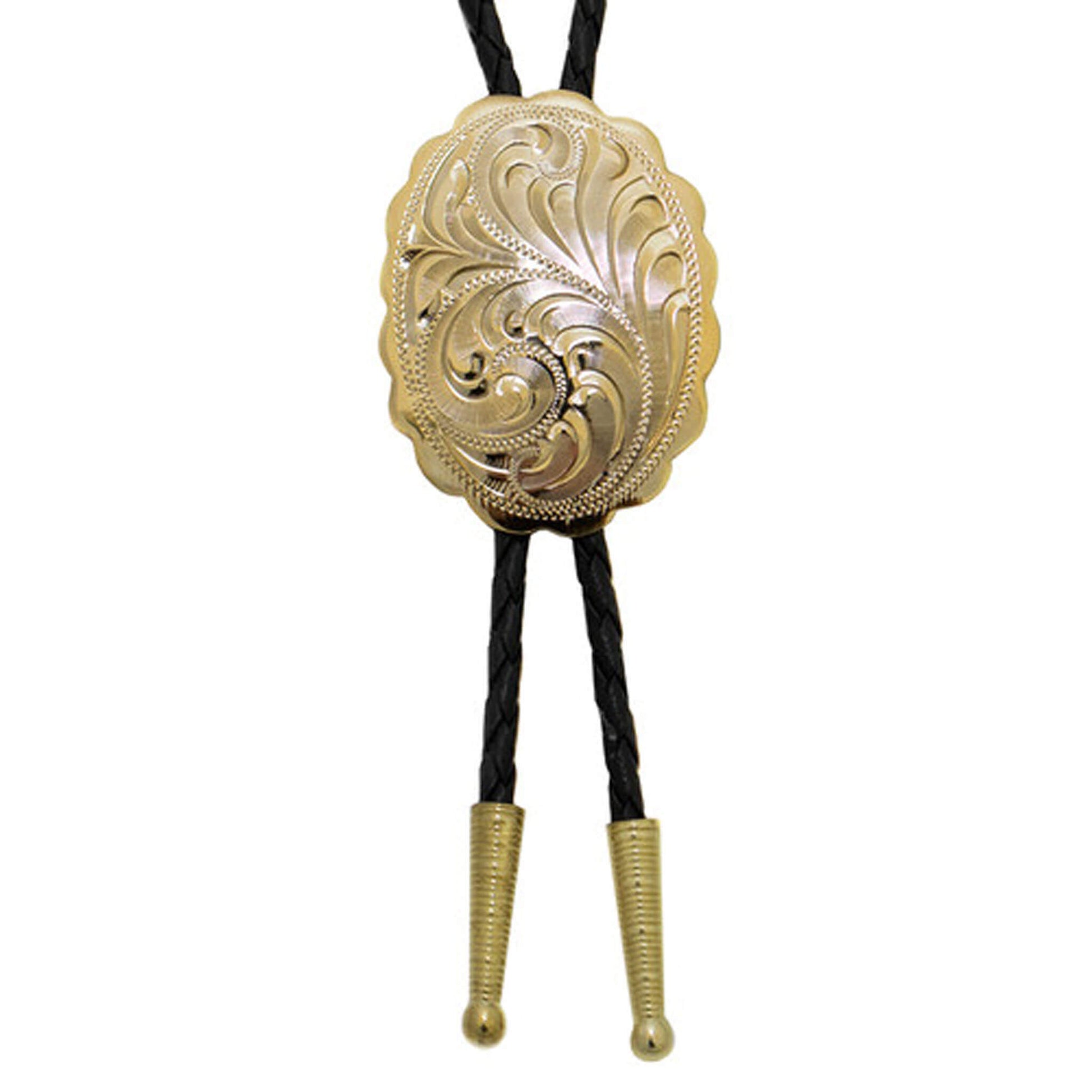 This striking gold scalloped gold bolo tie makes a great addition to any western outfit. Simple touch of gold for that special event. Bolo pendant measures 1.5 in x 2 in. Imported.