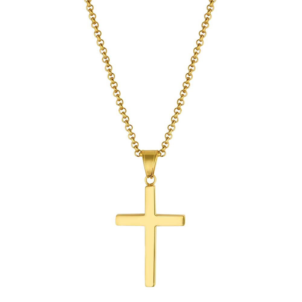 Gold cross necklace on a white background