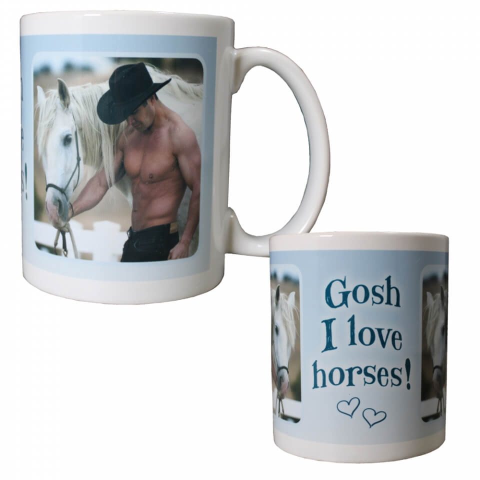 This 12-oz ceramic mugs with easy-grip handles are dishwasher and microwave safe and feature unique designs with delightful saying "Gosh I love Horses". Perfect for coffee, tea or other hot beverages—they're sure to bring delight to young and old alike.