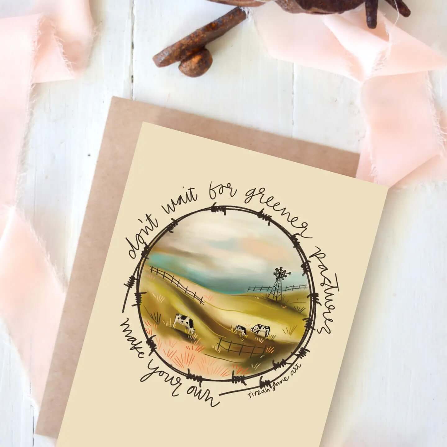 Cowgirl & Cowboy Western Greeting Cards Blank featuring a colorful illustration of a pastoral scene.